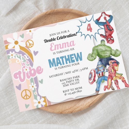 Joint Birthday Superhero invite Sibling  Invitation