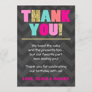 Joint birthday Thank you card Twins Pink Gold Mint
