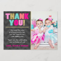 Joint birthday Thank you card Twins Pink Gold Mint