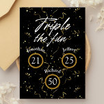 Joint Birthday Triple The Fun  Invitation<br><div class="desc">Three Times the Celebration with Our Chic Joint Birthday Invitation! Featuring a classy black background with sparkling golden confetti, this invitation is designed to impress. "Triple the Fun" in an elegant script font graces the front, while the celebrants' ages are highlighted in a sophisticated circle, with their names artfully curved...</div>