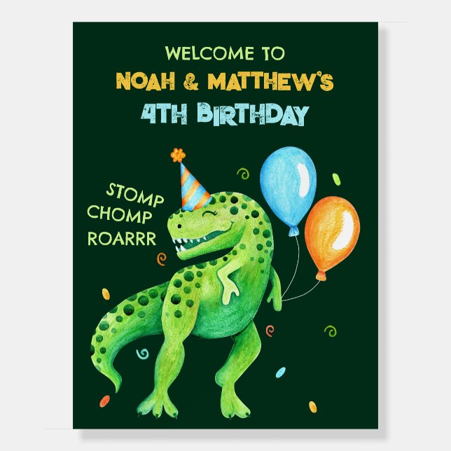 Joint Birthday Twin Siblings T rex Dinosaur Foam Board (Front)