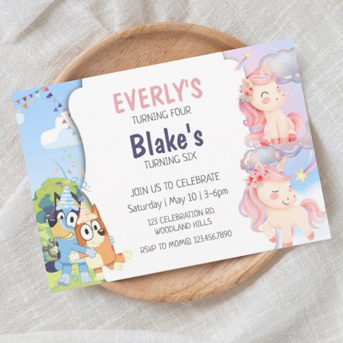  Joint Birthday Unicorn invite Sibling  Invitation