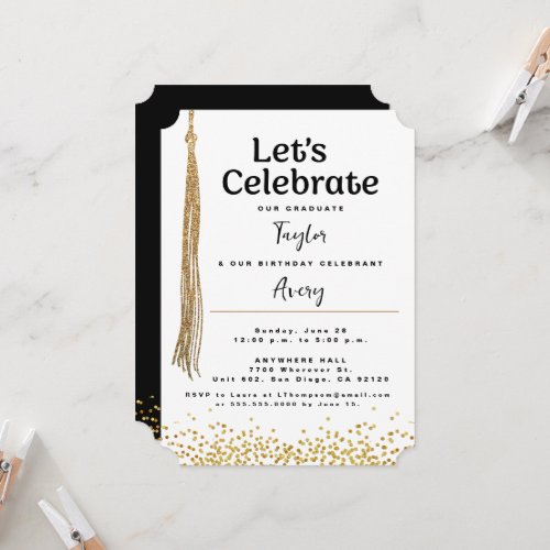 Joint Celebration Graduation & Birthday Gold Black Invitation