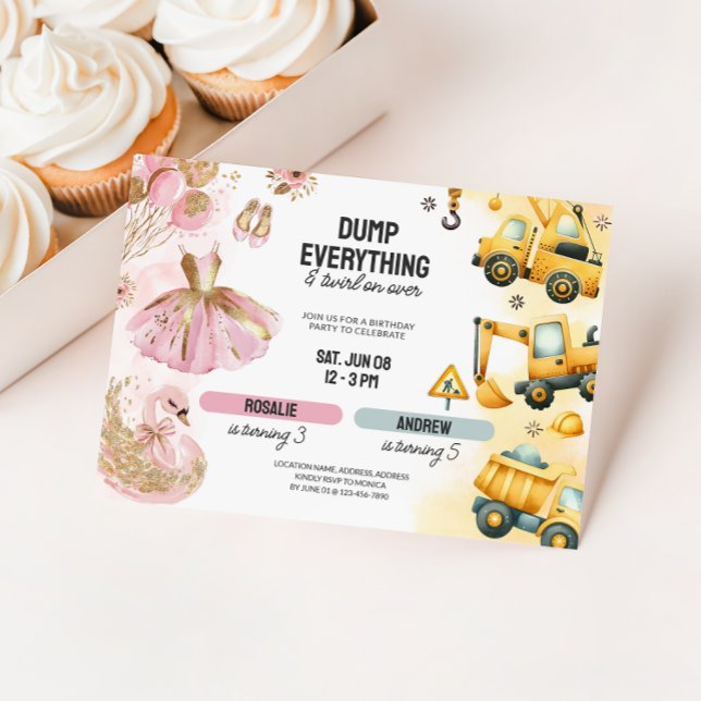 Joint Construction & Ballerina Sibling Birthday Invitation (Joint Boy Girl Birthday Party Invite - Construction & Ballerina)