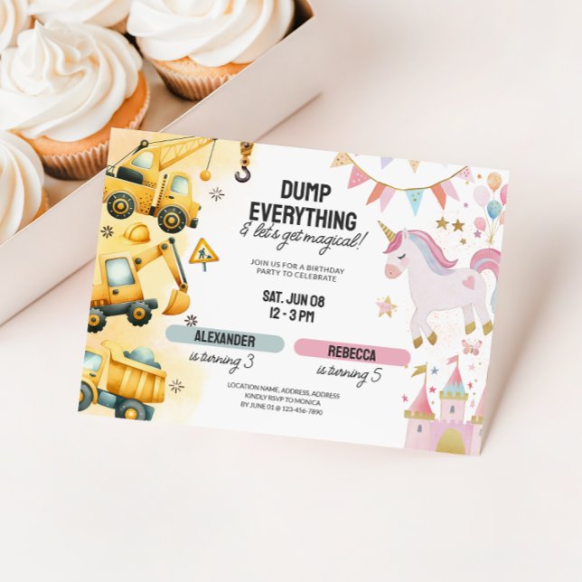 Joint Construction & Unicorn Sibling Birthday Invitation (Joint Construction & Unicorn Birthday Invite)