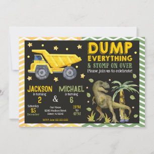 Joint Dinosaur and Construction Siblings Birthday Invitation