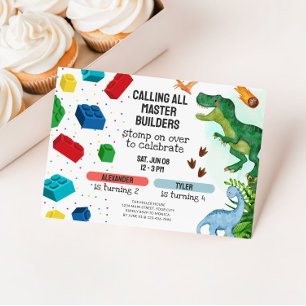 Joint Dinosaur & Building Blocks Sibling Birthday Invitation