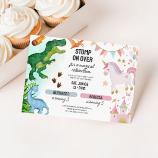 Joint Dinosaur & Unicorn Boy Girl Birthday Invitation