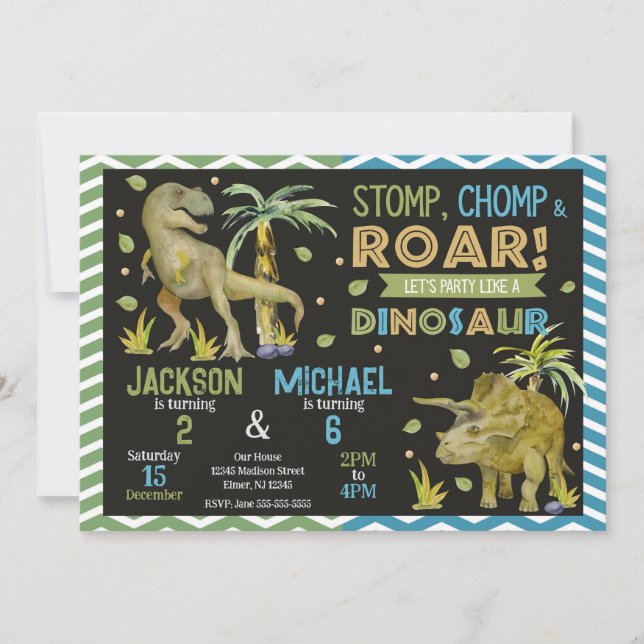 Joint Dinosaurs Siblings Birthday Invitation (Front)