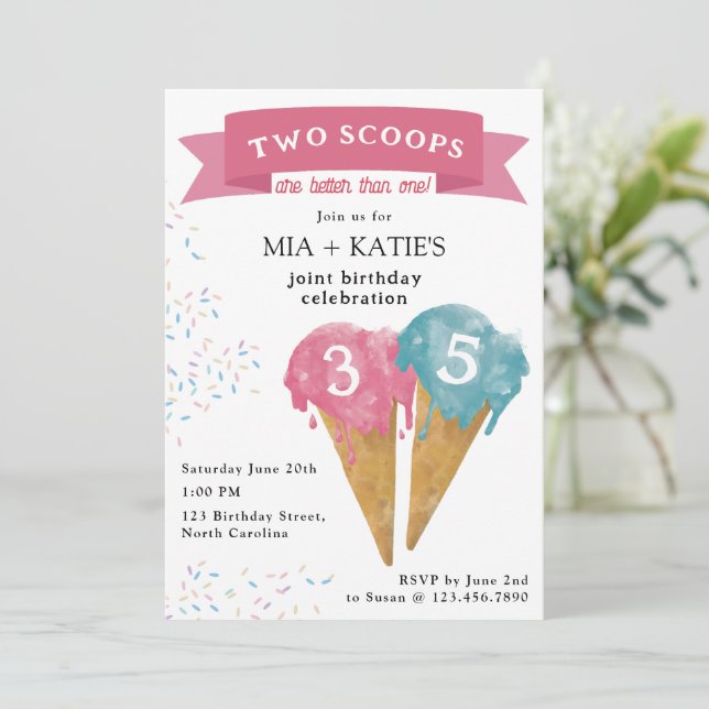 Joint Double Birthday Party Ice Cream Cone Invitation (Standing Front)
