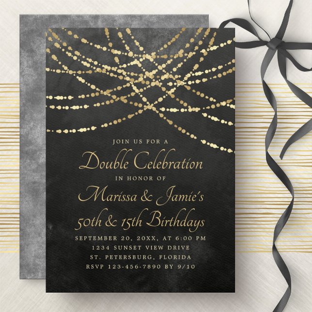 Joint Double String Lights Black Gold Birthday Invitation (Creator Uploaded)