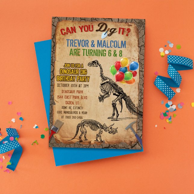 Joint Dual Dinosaur Dig Birthday Party Invitation (Creator Uploaded)