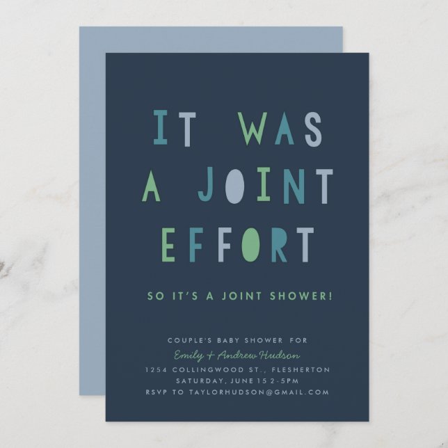 Joint Effort Couple's Baby Shower Invitation Blues (Front/Back)