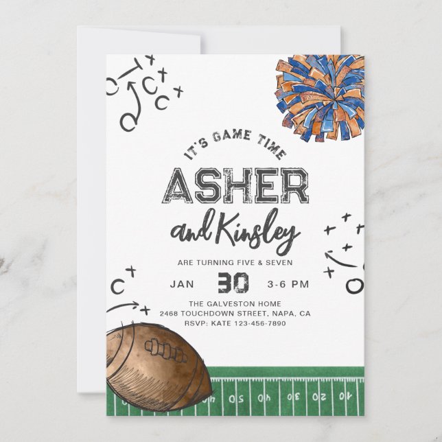 Joint Football Cheer Birthday Invitations | Co-Ed (Front)