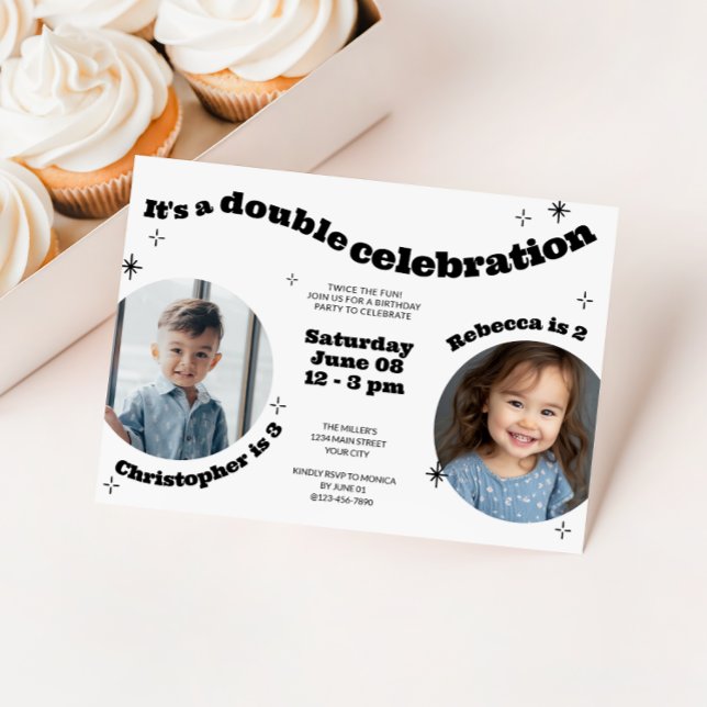 Joint Kids Birthday Party with Photos Invite (Dual Kids Photo Birthday Invitation)