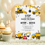 Joint Kids Construction Theme Birthday Party Invitation<br><div class="desc">Construction themed joint birthday invitations featuring a simple white background,  cute illustrations of bunting,  stop signs,  a dump truck,  a digger,  a cement truck,  a wrecking ball crane,  splatters of dirt,  and a modern double birthday celebration template that is easy to personalize.</div>