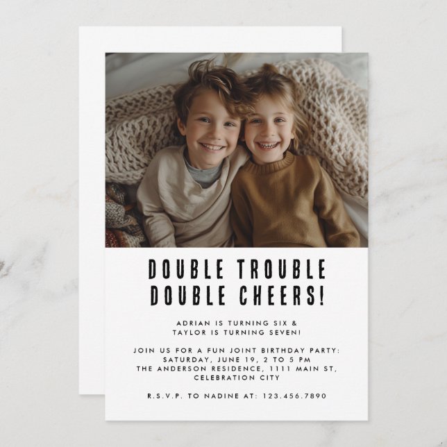 Joint Kids Siblings Birthday Party Modern Photo Invitation (Front/Back)