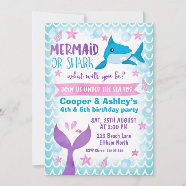Joint Mermaid and Shark Birthday Invitation (Front)