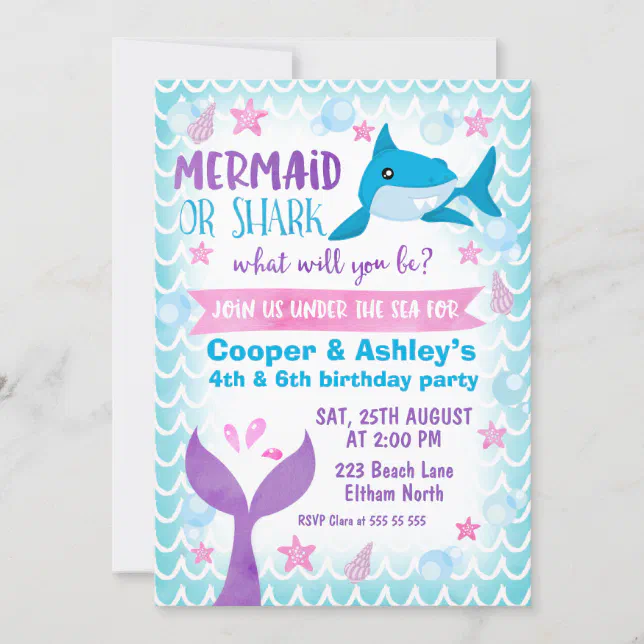 Joint Mermaid and Shark Birthday Invitation | Zazzle