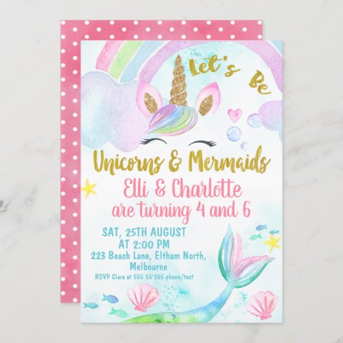 Joint Mermaid and Unicorn Birthday Invitation