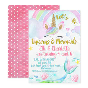Joint Mermaid and Unicorn Birthday Invitation