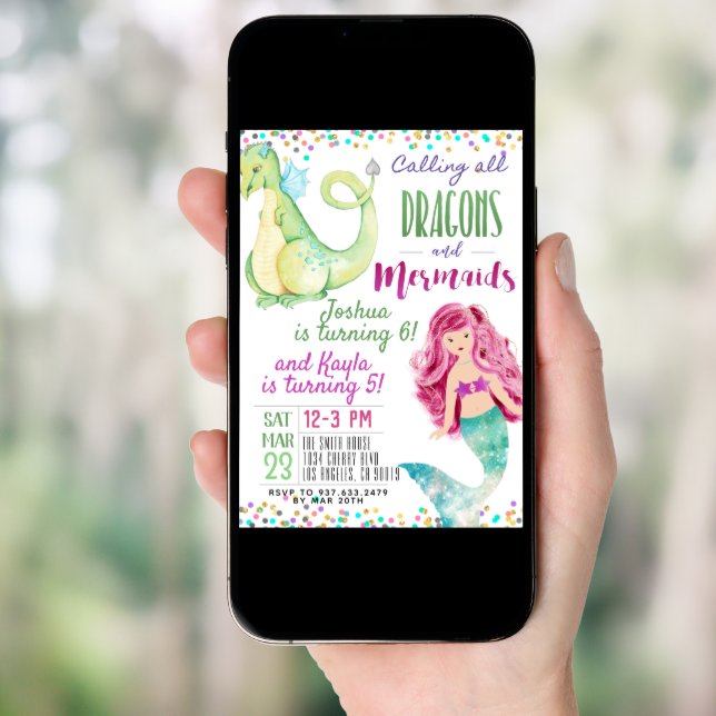 Joint Mermaid Dinosaur Birthday Invitation (Front Digital)