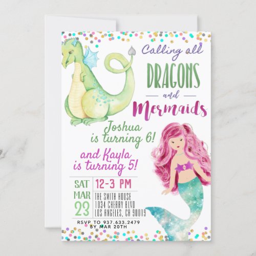 Joint Mermaid Dinosaur Birthday Invitation