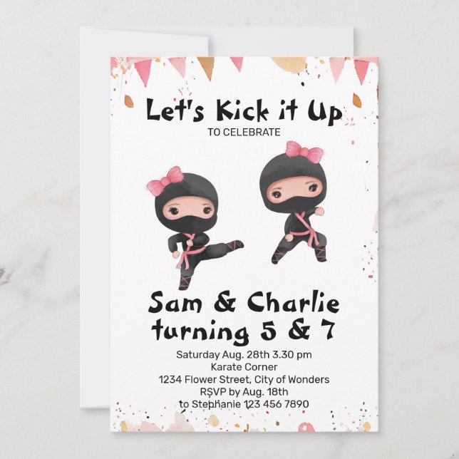 Joint Ninja Sisters Dual Sibling Birthday  Invitation (Front)