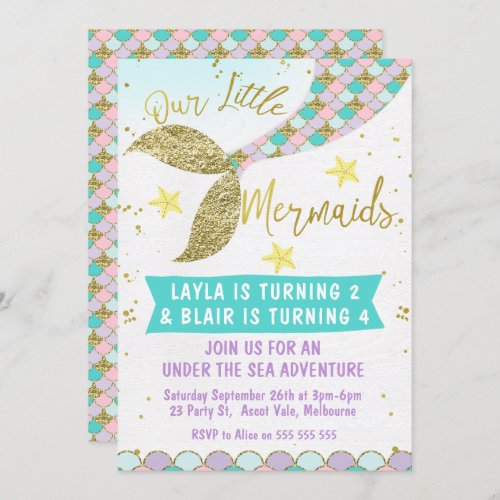 Joint or twins Mermaid Tail Birthday invitation