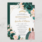 Joint Quinceañera Emerald Green Blush Floral Invitation (Front/Back)