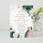 Joint Quinceañera Emerald Green Blush Floral Invitation (Standing Front)