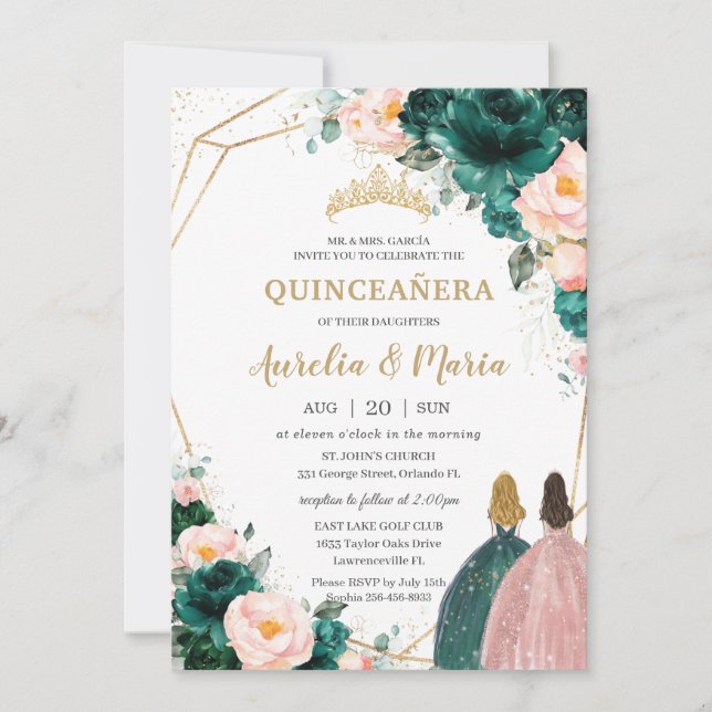 Joint Quinceañera Emerald Green Blush Floral Invitation (Front)