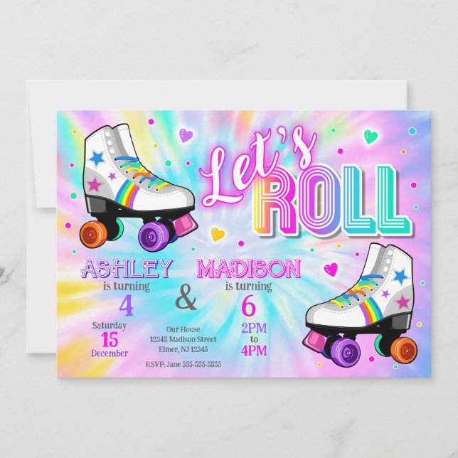 Joint Roller Skating Birthday Party Tie Dye Invitation (Front)