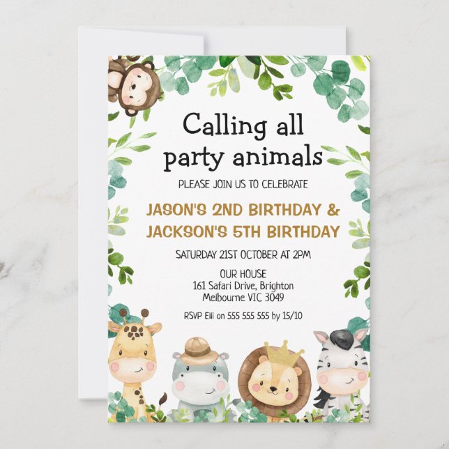 Joint Safari Animals Party Animals Birthday Invitation (Front)
