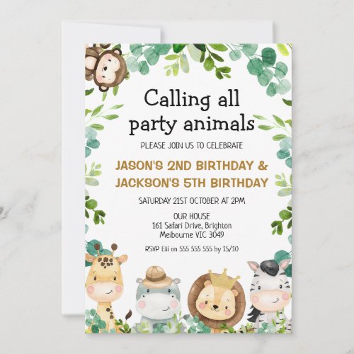 Joint Safari Animals Party Animals Birthday Invitation