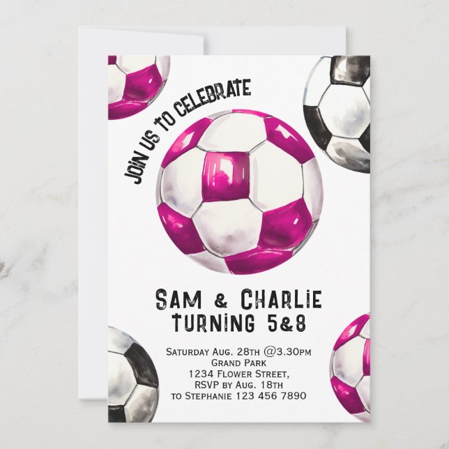 Joint Sibling Dual Sisters Twin Soccer Birthday Invitation (Front)