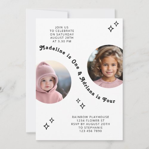 Joint Sibling Portrait Photo Minimal Boho Birthday Invitation