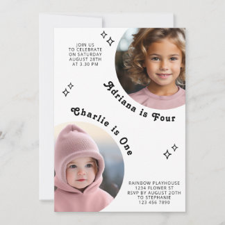 Joint Sibling Portrait Photo Minimal Boho Birthday Invitation