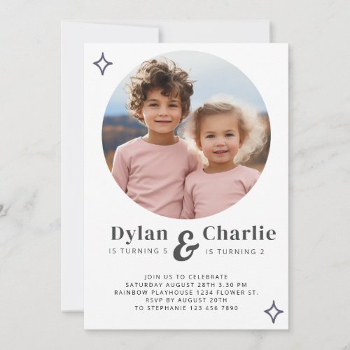 Joint Sibling Portrait Photo Minimal Boho Birthday Invitation