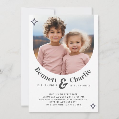 Joint Sibling Portrait Photo Minimal Boho Birthday Invitation