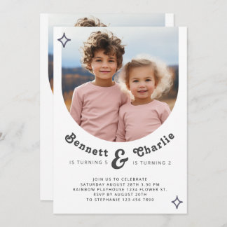 Joint Sibling Portrait Photo Minimal Boho Birthday Invitation