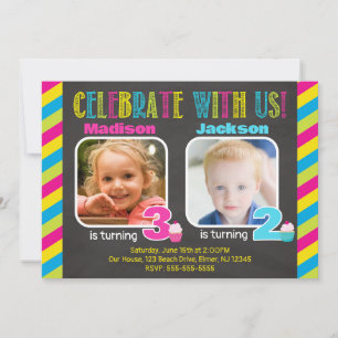Joint Siblings Boy Girl Birthday Photo Invitation