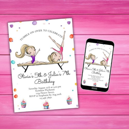 Joint Sisters Blonde Sibling Gymnastics Birthday Invitation