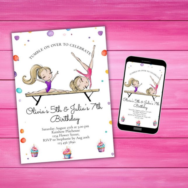 Joint Sisters Blonde Sibling Gymnastics Birthday Invitation (Creator Uploaded)