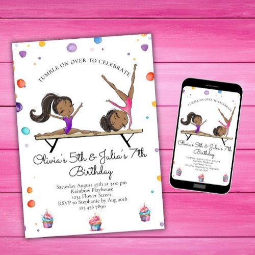 Joint Sisters Dual Sibling Gymnastics Birthday  Invitation