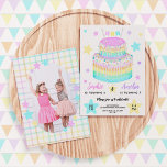 Joint Sisters Rainbow Birthday Party Photo Invitation<br><div class="desc">This joint sisters rainbow birthday party photo invitation is ideal for sisters or close friends who want to share the same birthday celebration but have different ages as each age is easily customisable. This invitation features a hand drawn two tiered rainbow birthday cake with white drip icing and rainbow sprinkles,...</div>