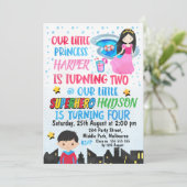 Joint Superhero And Princess Birthday Invitation (Standing Front)