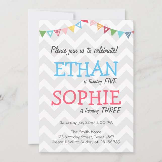 Joint twin birthday party invitation chevron (Front)