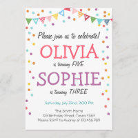 Joint twin birthday party invitation confetti