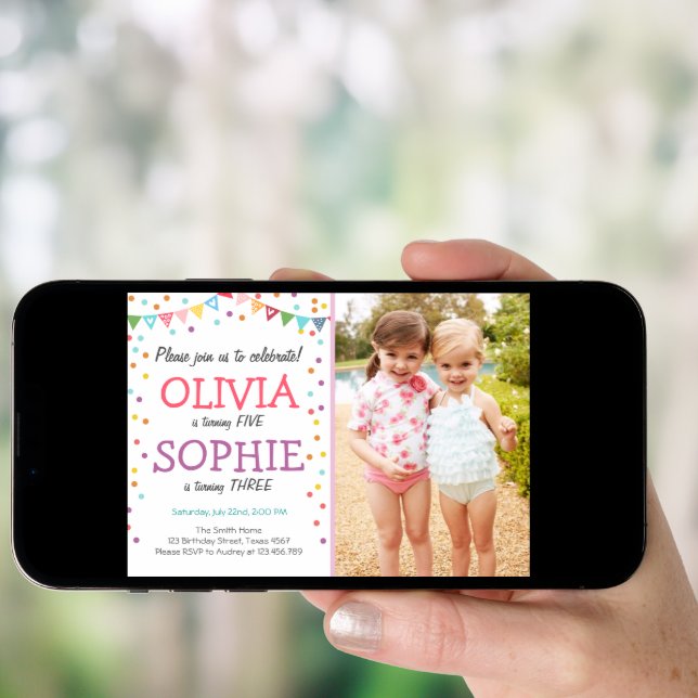 Joint twin birthday party invitation confetti (Front Digital)